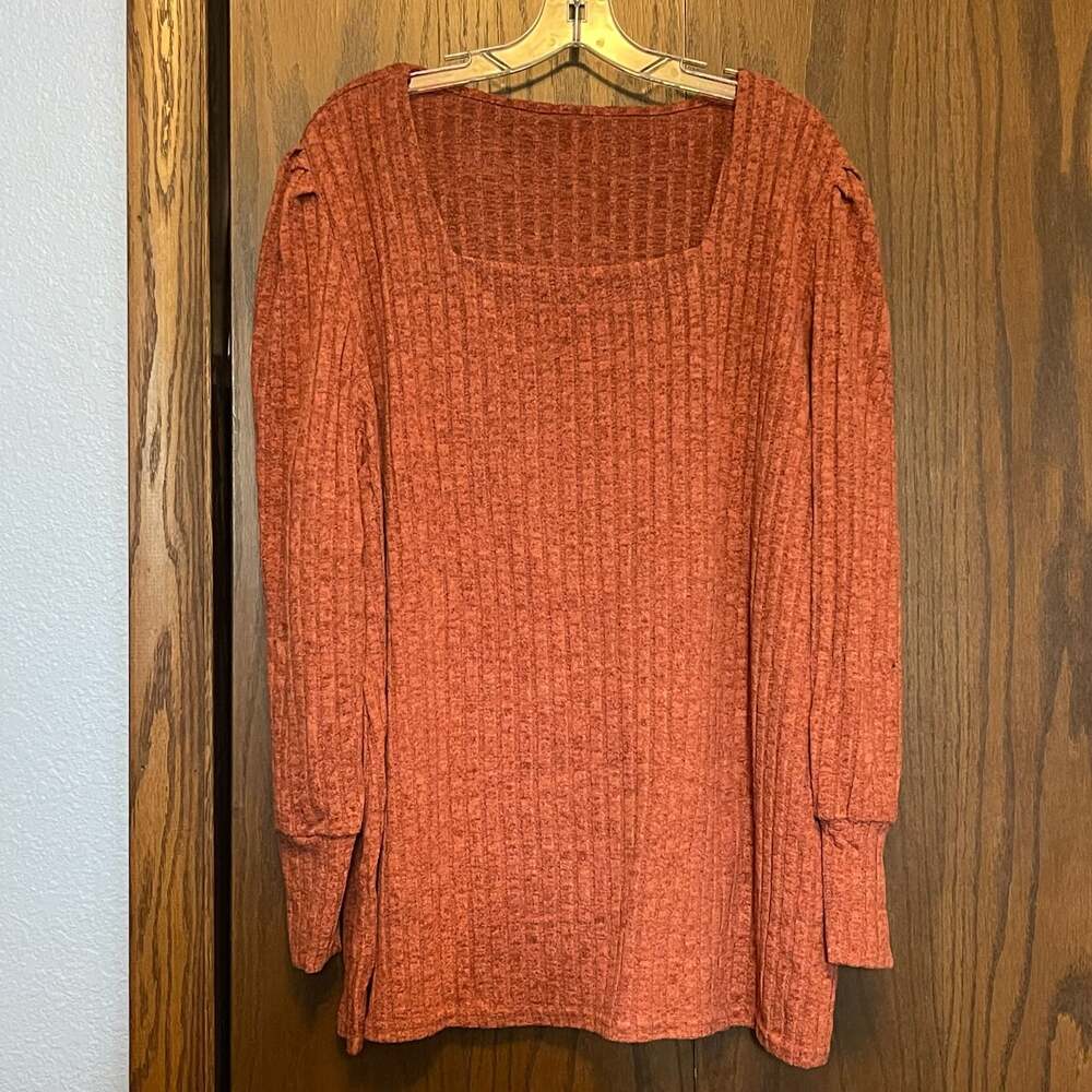 3X Square Neck Ribbed Knit Long Sleeve Tunic Top in Rust